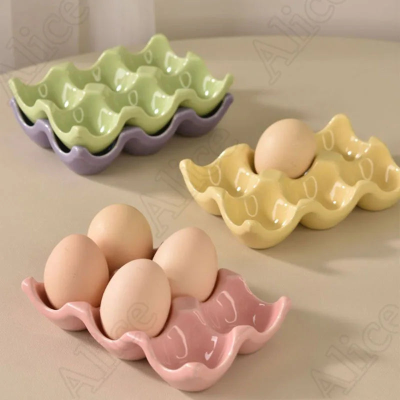 Creative 6 Lattice Ceramic Egg Holder Modern Simple Solid Color Eggs Storage Tray Restaurant Household Kitchen Items Trays